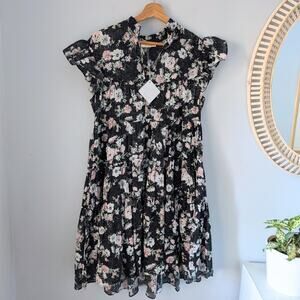 PAPINELLE Luxury Nightgown Dress Tiered Black 100 % Cotton Floral Print S NWT